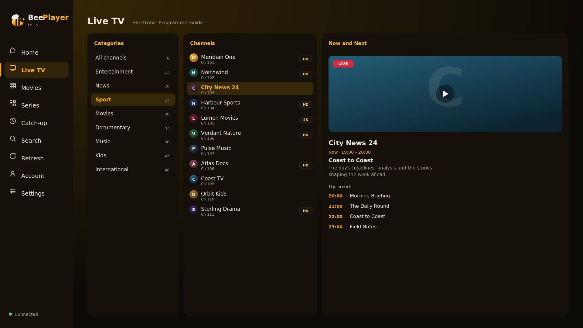 BeePlayer Live TV with a channel list and an on-screen TV guide