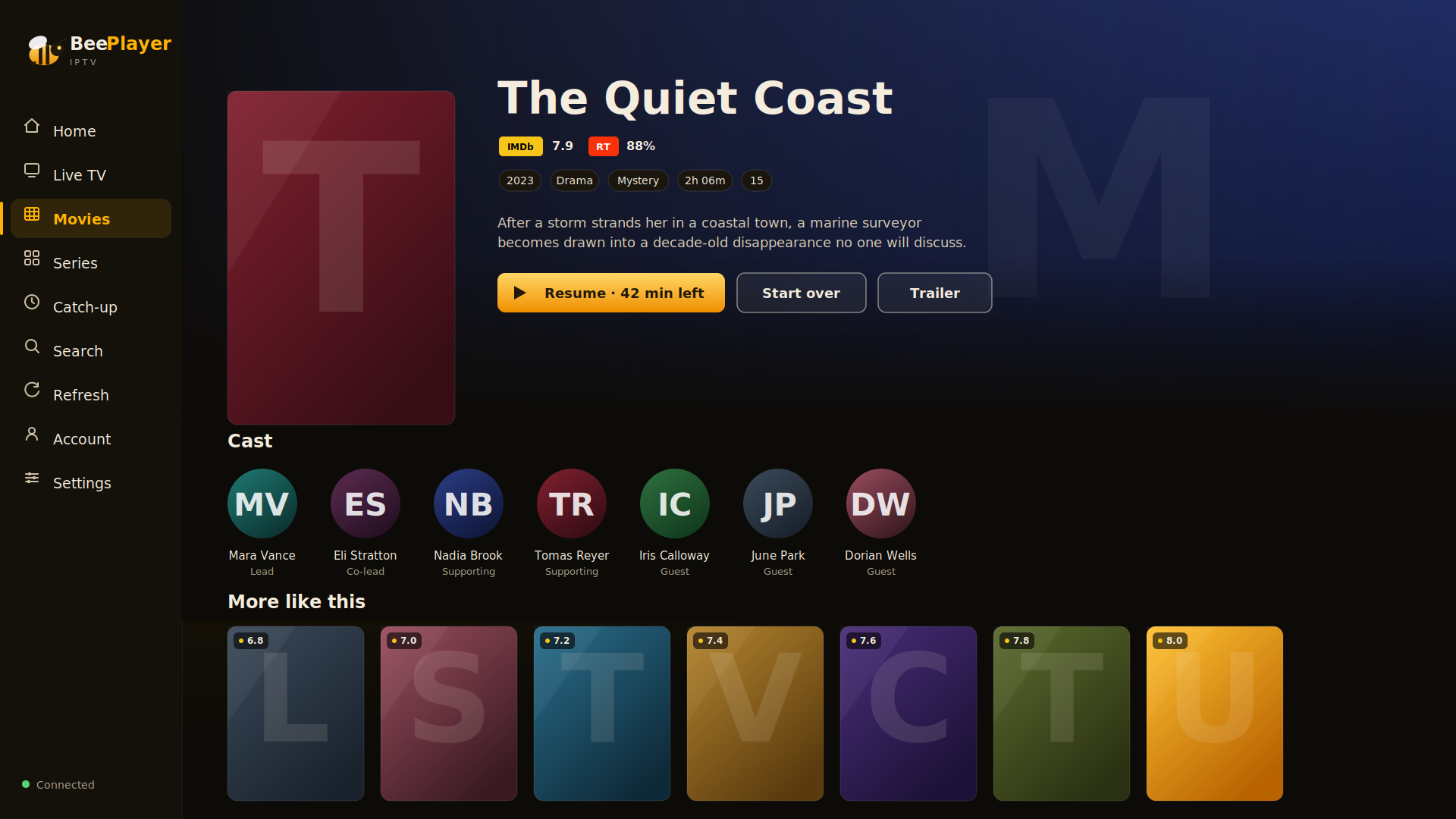 BeePlayer film detail page with rating, synopsis and cast