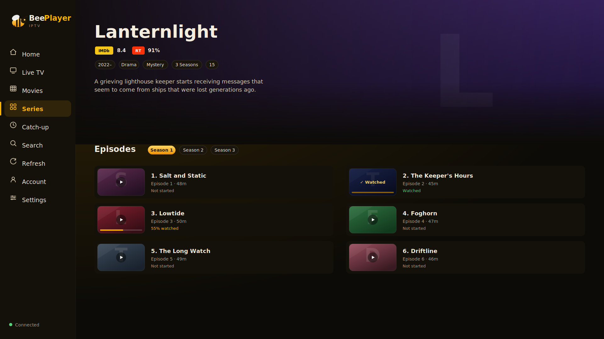 BeePlayer series view organised by season and episode